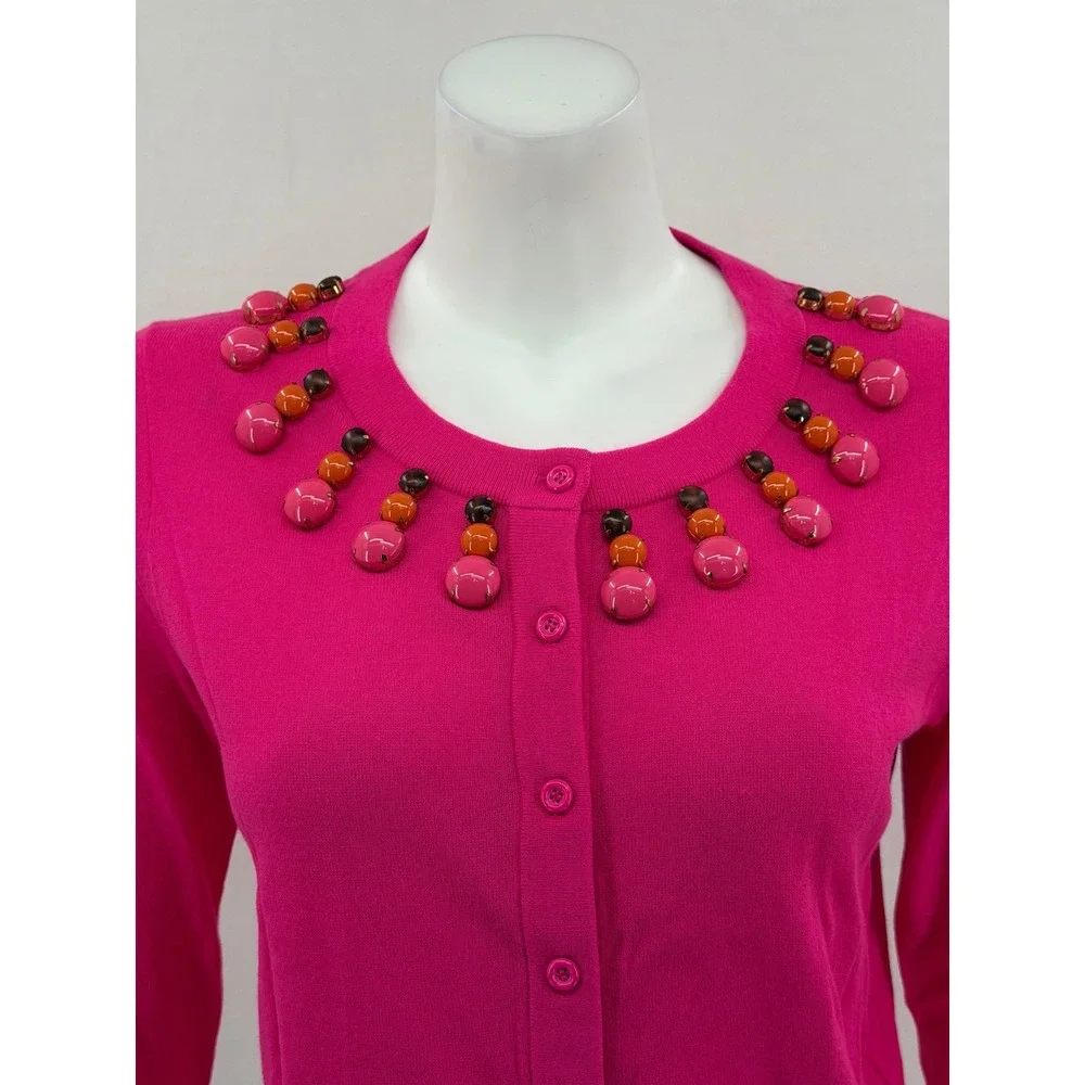 Kate Spade Sweater Women Medium Pink Rio Embellished Cardigan Chunky Bead Preppy
